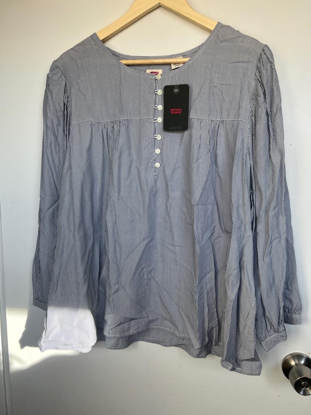 Levi's Light Blue Pinstripe Long-Sleeve Button Henley Shirt - Women’s